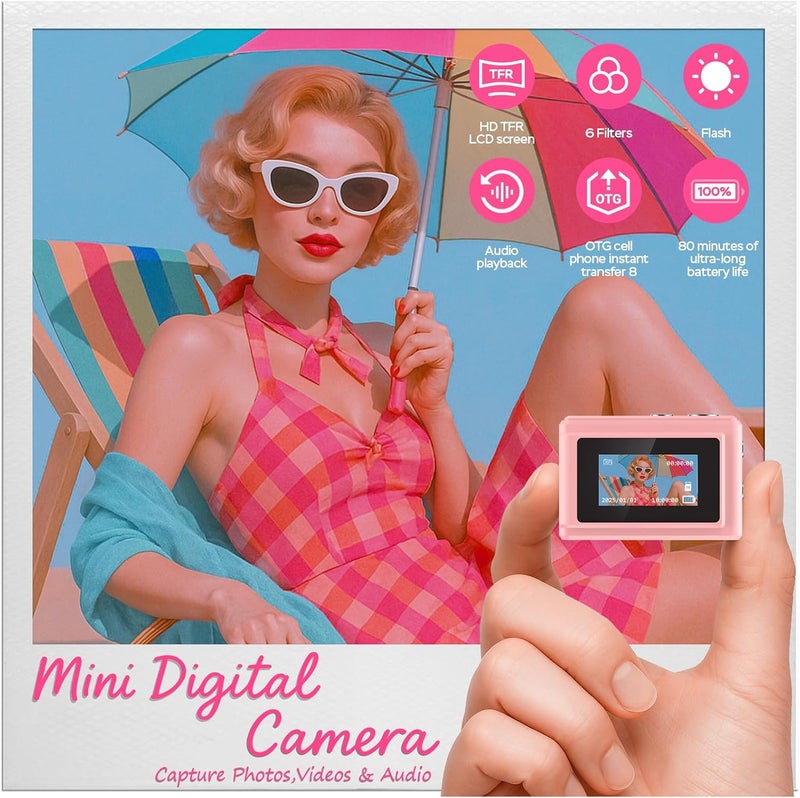 Dienspeak Mini Camera 1080P HD Video Recorder, Keychain Digital Camcorder with 64GB Card, 0.96" HD Display, Long Battery Life, Ultra-Portable Tiny Camera for Travel/Vlog/Night Shots, Pink - Image 2